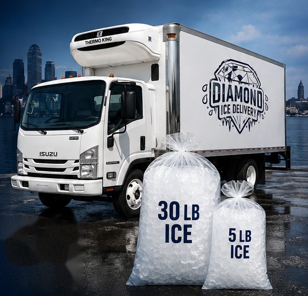 Diamond Ice Delivery refrigerated truck with 30 lb and 5 lb bags of ice, Boston skyline in the background